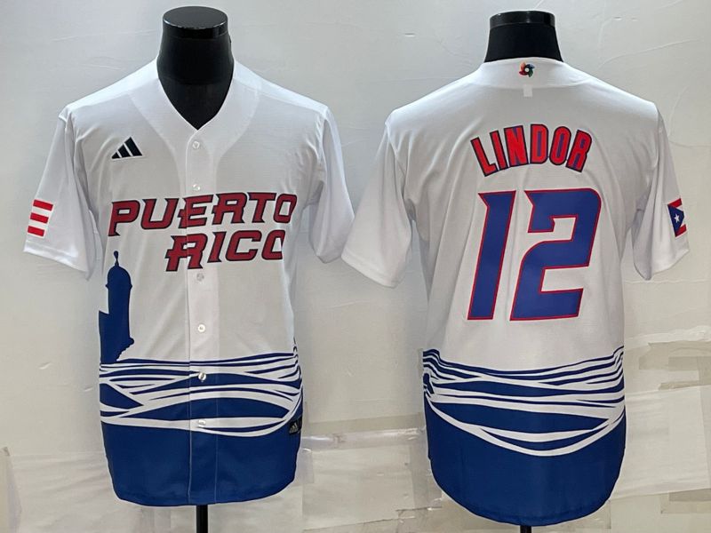 Men 2023 World Cub 12 Lindor White MLB Jersey6